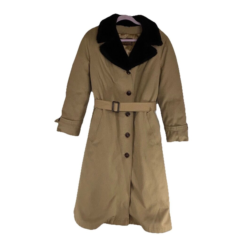 Vintage Eddie Bauer Goose Down Trench Coat Fur Collar Belted Button Up Men L USA